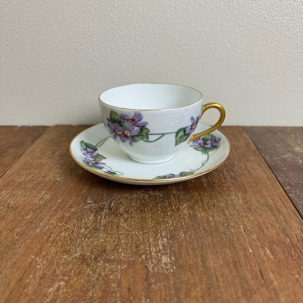 Vintage Antique 1930s Purple Violet Limoges France PMS Bavaria Tea cup & saucer‎